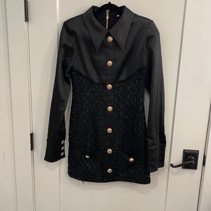 Black dress size small. Gold button accents. Tweed and satin. Great for work
